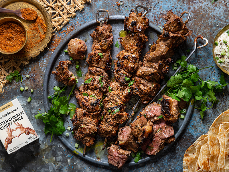 CURRIED LAMB KEBABS WITH RAITA